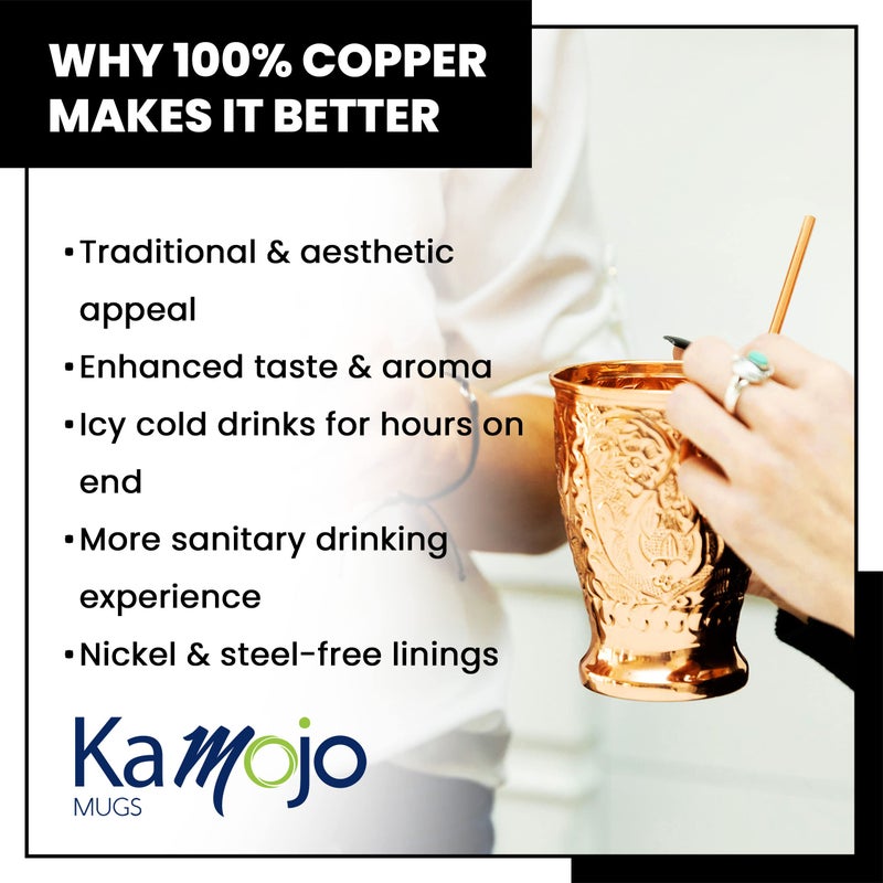 Kamojo Copper Cups Set of 2 with Unique Handcrafted Embossed Design with Anti-Tarnish Food-Grade Coating - Moscow Mule Copper Mugs Gift Set with 2 Straws & Recipe E-Book, 16 oz - Image 3